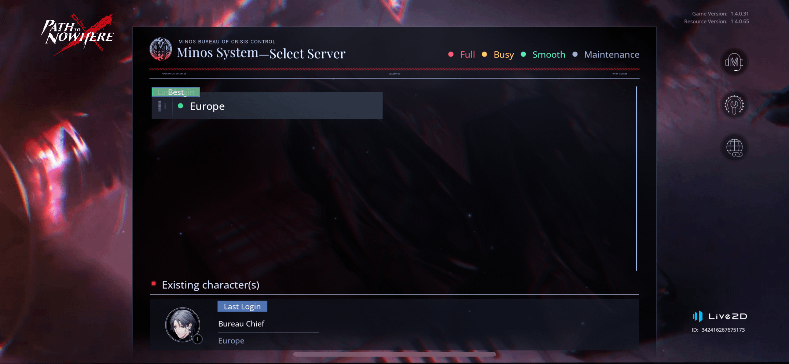 Path to Nowhere European server region login screen