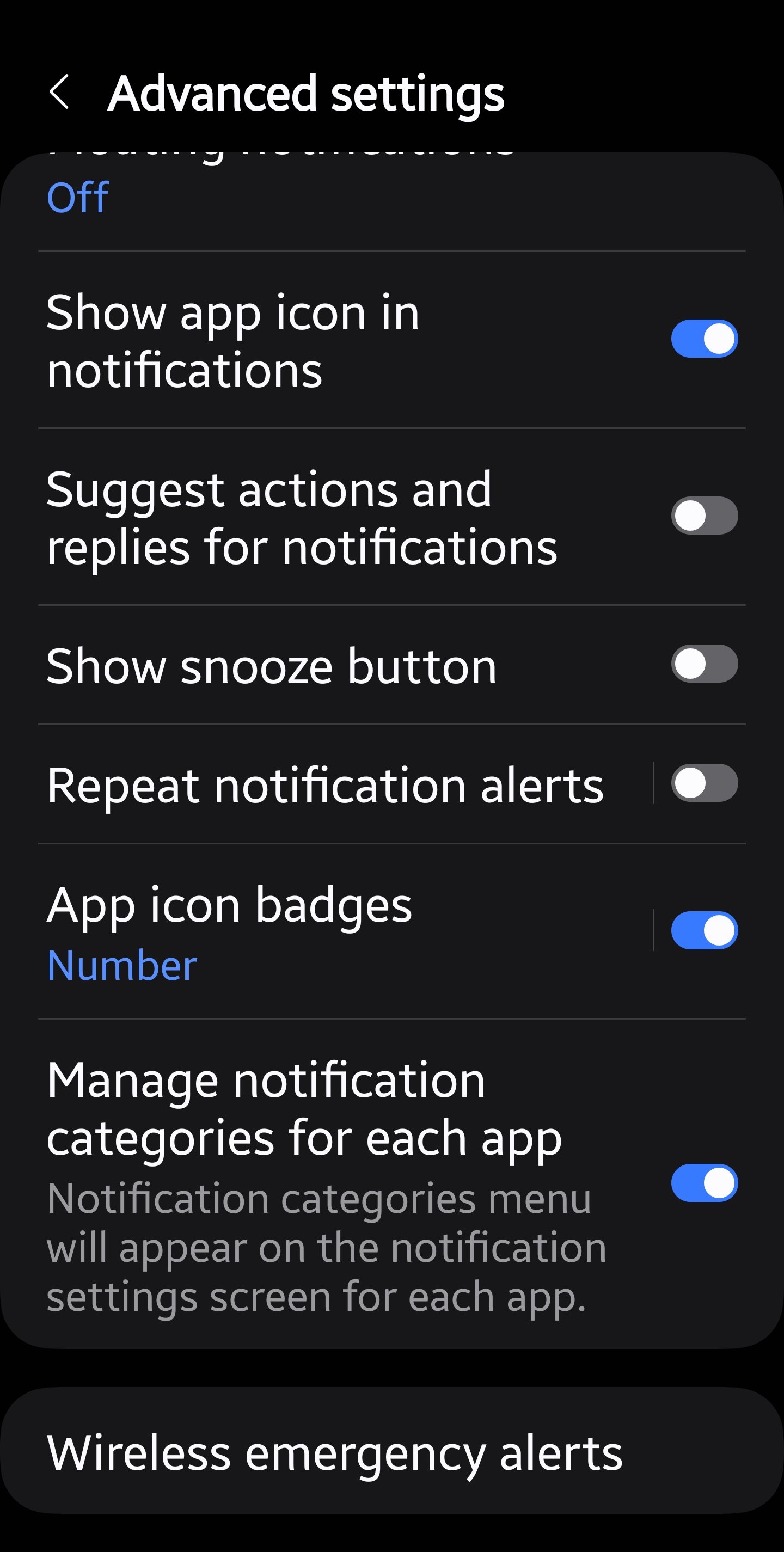 Samsung One UI settings screen displaying notification categories