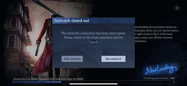 DMC Peak of Combat title screen connection failed prompt