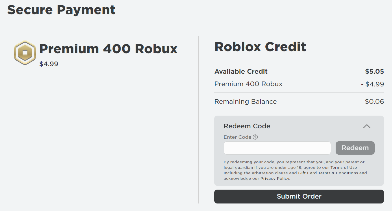 Mobile browser interface displaying the Roblox redeem code page with available credit balance