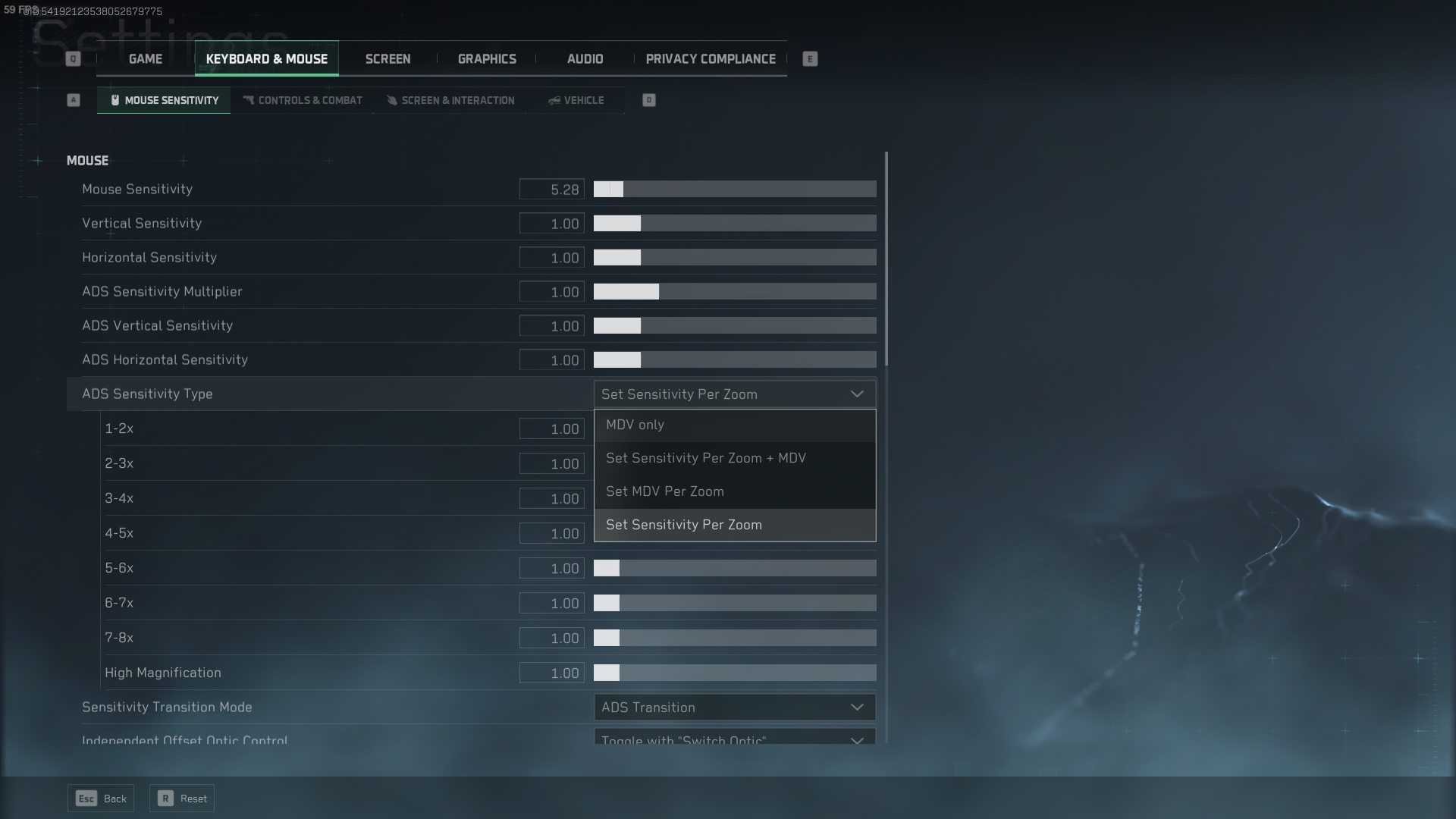 Delta Force PC mouse sensitivity and ADS multiplier configuration menu