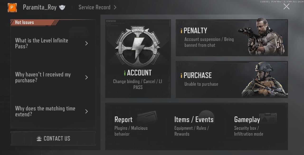 Arena Breakout settings menu highlighting the customer service icon