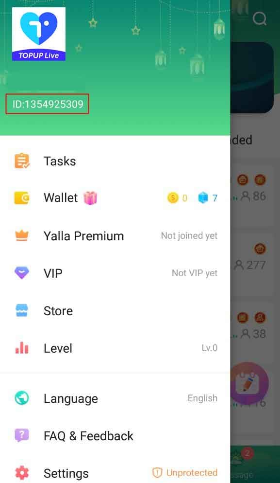 Numeric User ID display located beneath the avatar in the Yalla Live profile menu