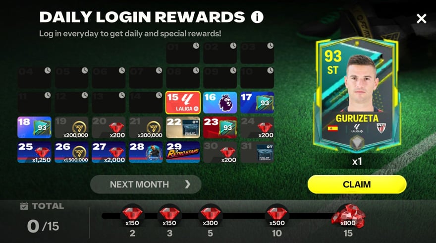 EA FC Mobile daily login rewards and store gift claim screen