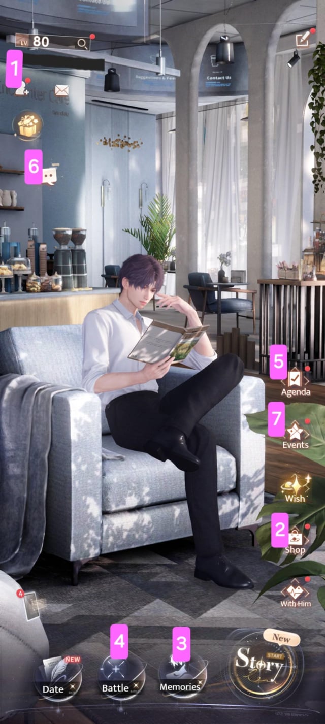 Love and Deepspace Destiny Cafe agenda showing daily and weekly task diamond rewards