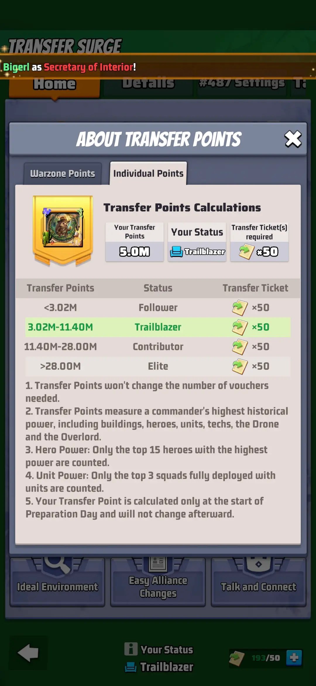 Top War warzone transfer interface displaying Pioneer tier migration quota
