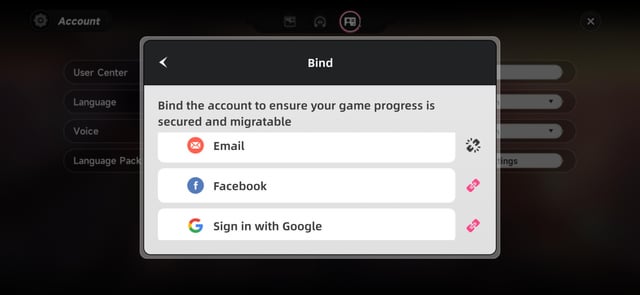 Neverness to Everness User Center account binding screen