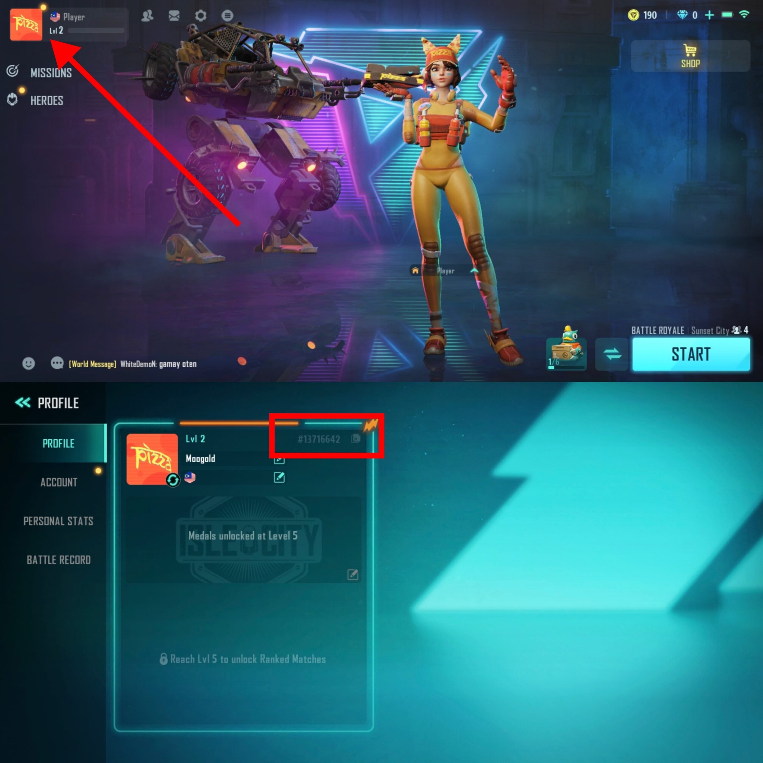 Farlight 84 desktop client profile overview screen displaying player stats and numeric UID