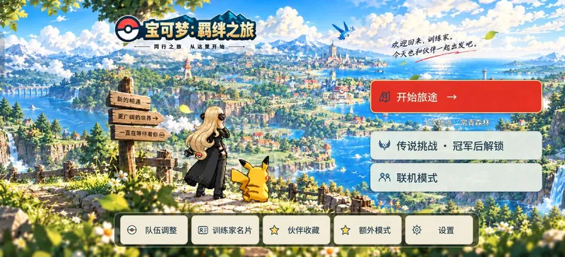 宝可梦：羁绊之旅 主菜单：开始旅途、传说挑战（冠军后解锁）、联机模式、队伍调整、训练家名片、伙伴收藏